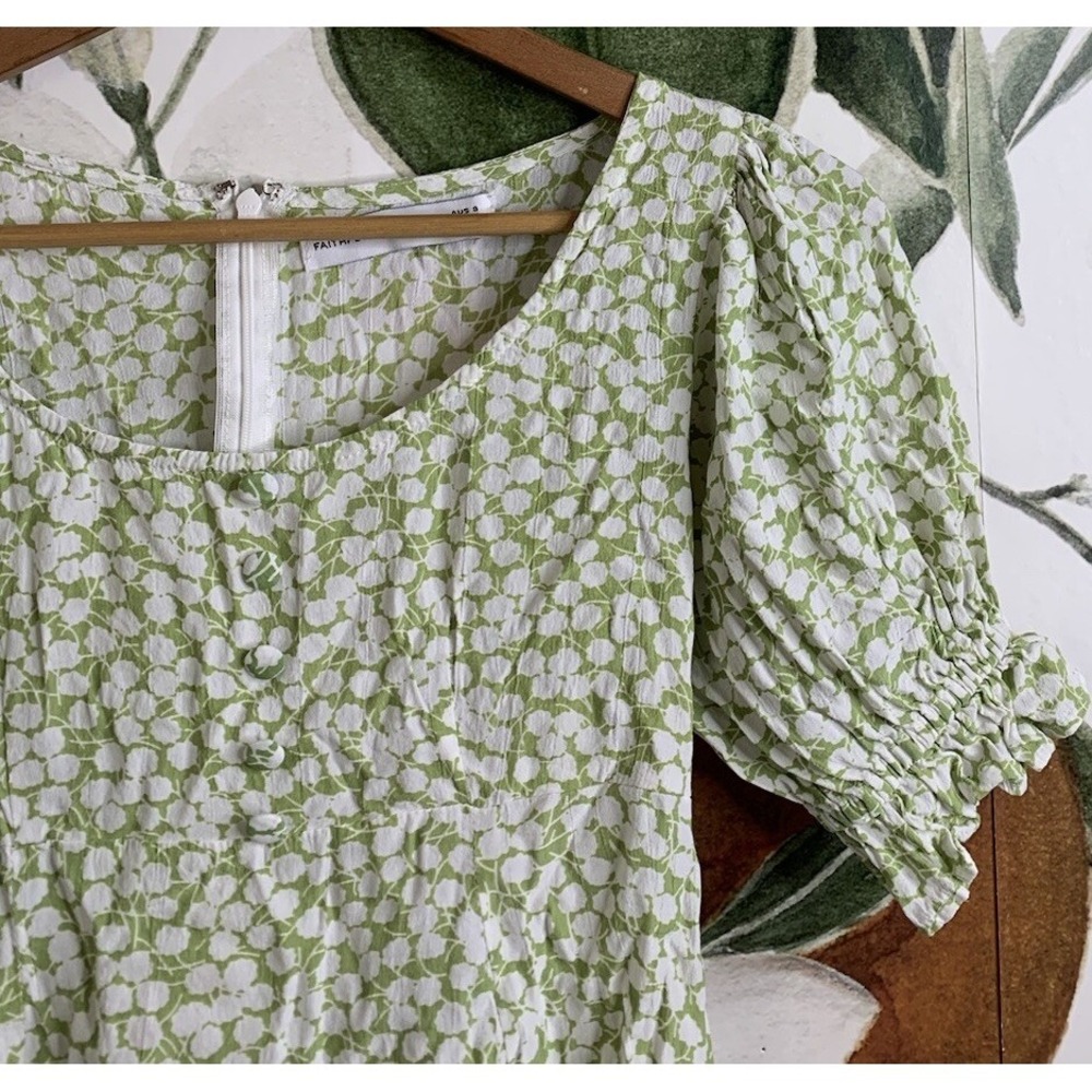 Faithfull the Brand Womens Size 4 Light Green Floral Puff Sleeve Mini Dress - Picture 3 of 6